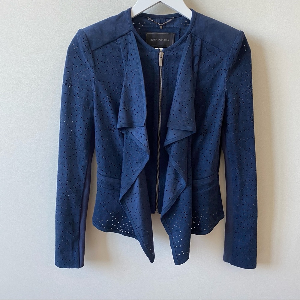 BCBGMaxAzria Dark Blue Perforated Ruffle Faux Suede Jacket Women’s Size XS